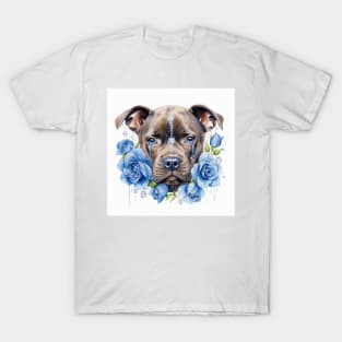 Staffy And Blue Roses T-Shirt